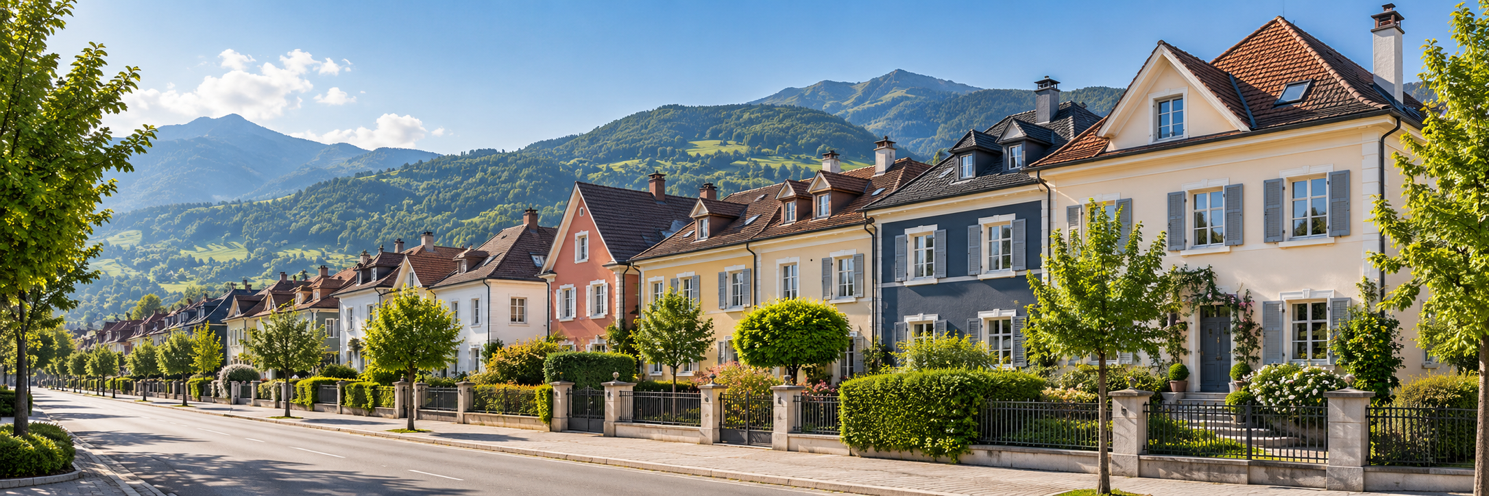 Wohnhäuser vor grüner Berglandschaft