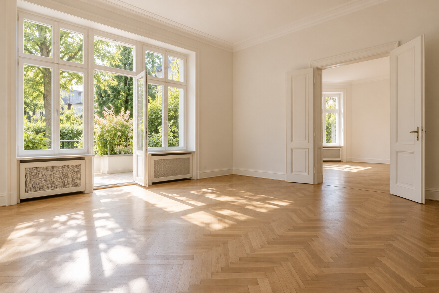 Heller leerer Wohnraum mit Parkett und großen Fenstern